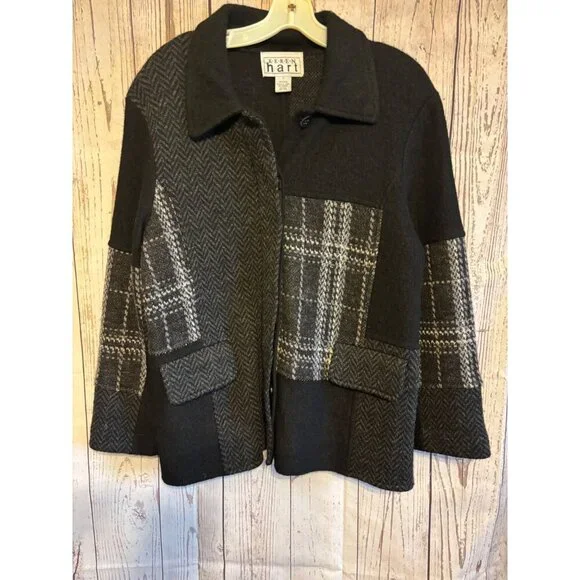 Keren Hart Wool Black & Gray Design Jacket Size Medium Office Party Classy Warm - Picture 2 of 7